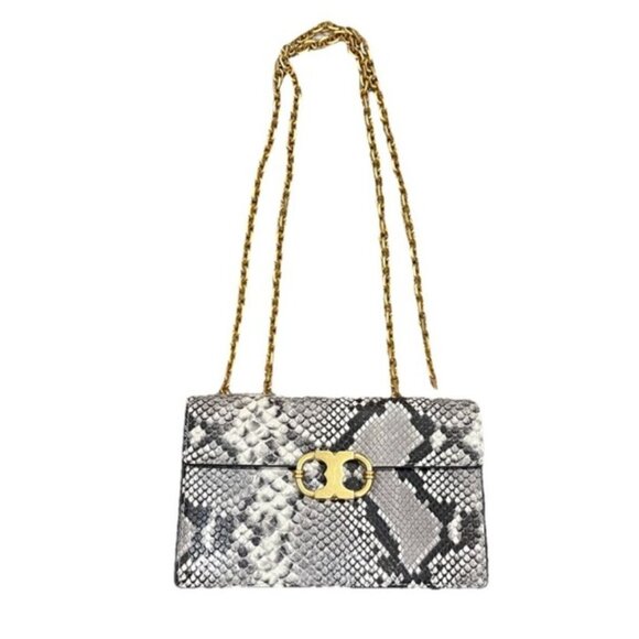 Tory Burch Gemini Link Chain Embossed Medium Shoulder Bag Natural Snakeskin - Picture 1 of 12